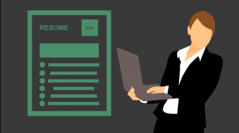 Corporate woman showing computer screen with stock resume